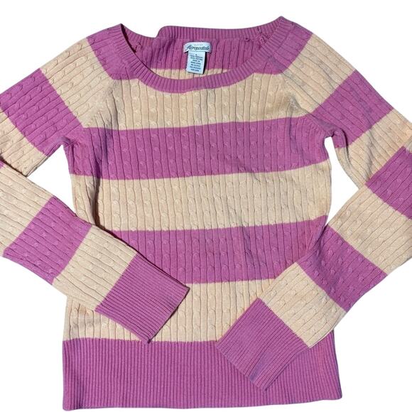 Vintage Aeropostale Striped Cable‎ Knit Sweater Pink Beige Size Large - Picture 4 of 5